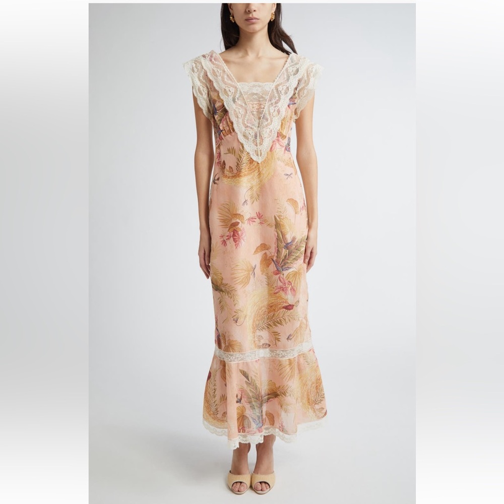 Final Zimmermann Ascension Sleeveless Lace Trim Floral Dress Peach Palm Various